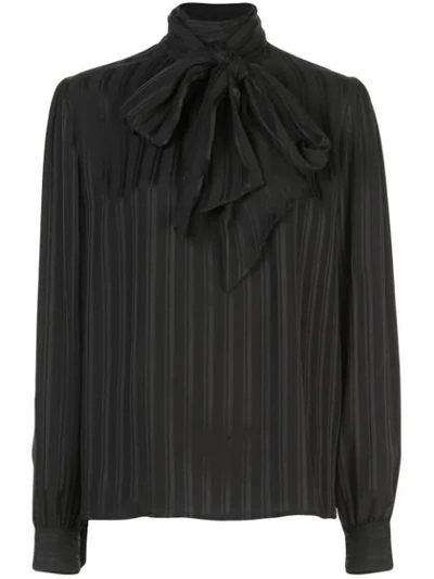 Saint Laurent Stripe-jacquard Tie-neck Silk Blouse In Black