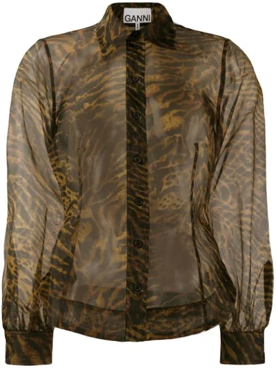 Ganni Tiger Print Sheer Shirt In Brown,black