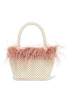 LOEFFLER RANDALL MINA SMALL FEATHER-TRIMMED FAUX PEARL TOTE