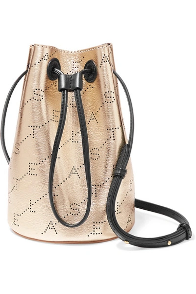 Stella Mccartney + Net Sustain Mini Perforated Metallic Faux Leather Bucket Bag In Gold