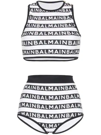 Balmain 高腰logo条纹比基尼套装 In Black