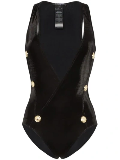 Balmain Plunging Velour High-back One-piece Swimsuit W/ Buttons In Black