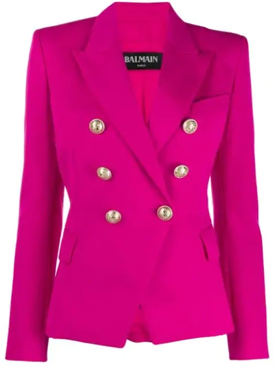 Balmain Double Breasted Grain De Poudre Blazer In Fuchsia