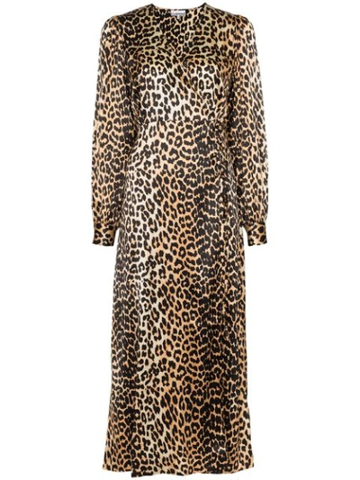 Ganni Leopard Print Midi Dress In Brown