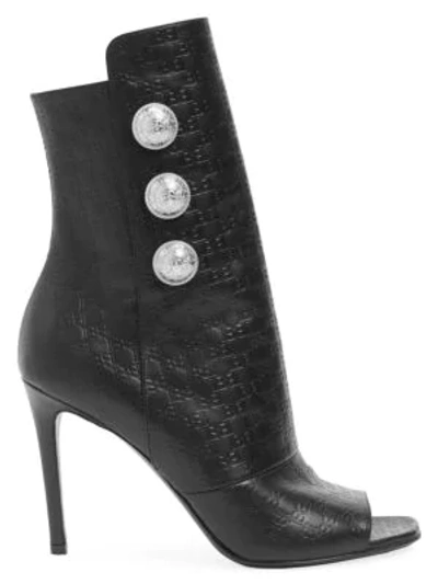 Balmain Women's Oslo Monogram-embossed Leather Peep-toe Ankle Boots In Noir