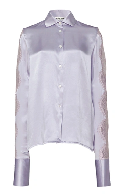 Anais Jourden Lace-trim Silk Satin Button-down Shirt In White