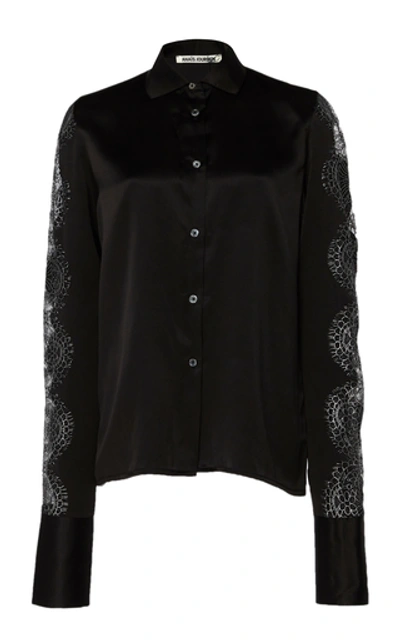 Anais Jourden Lace-trim Silk Satin Button-down Shirt In Black