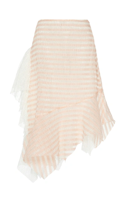 Anais Jourden Asymmetric Striped Lace And Plissé Midi Skirt In Pink