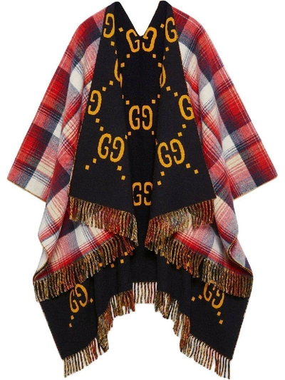 Gucci Reversible Gg Wool Poncho In Red/gray/yellow
