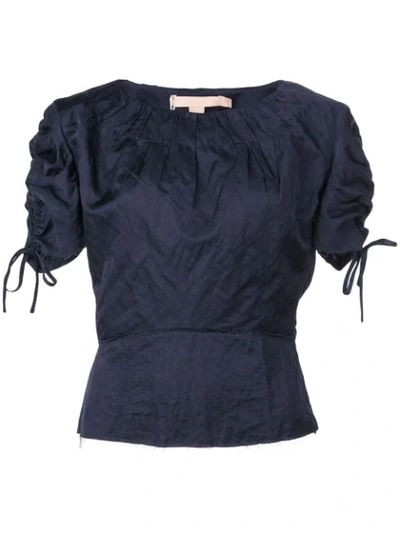 Brock Collection Pera Ruched-sleeve Taffeta Top In Navy