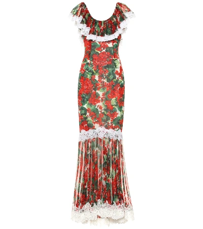 Dolce & Gabbana Lace-trimmed Floral-print Silk-blend Voile Gown In Red