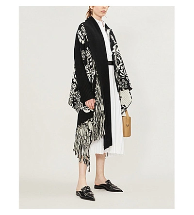 Sacai Asymmetric Wool-blend Floral Knit Cardigan In Black