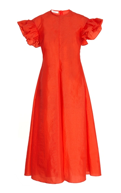 Beaufille Dorado Ruffled Stretch-crepe Midi Dress In Bright Orange