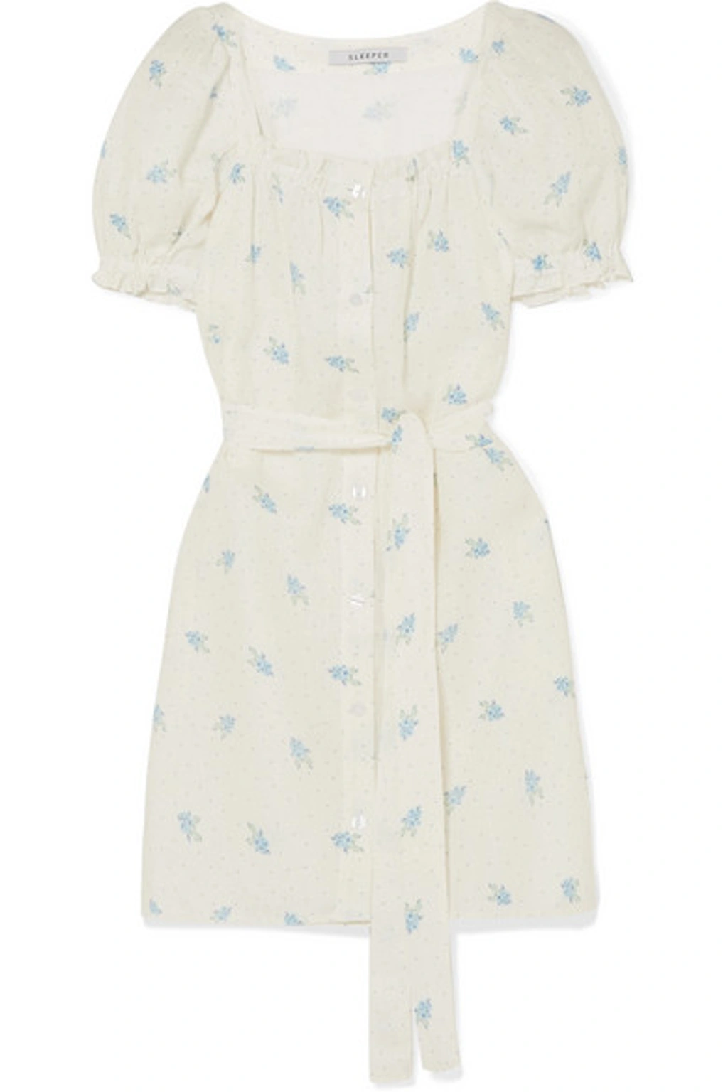 Sleeper Brigitte Belted Printed Linen Mini Dress In White,blue | ModeSens