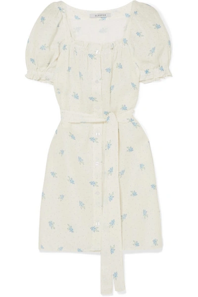 Sleeper Brigitte Belted Printed Linen Mini Dress In White,blue