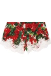 DOLCE & GABBANA LACE-TRIMMED FLORAL-PRINT SILK-BLEND GEORGETTE SHORTS