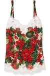 DOLCE & GABBANA LACE-TRIMMED FLORAL-PRINT SILK-BLEND GEORGETTE CAMISOLE