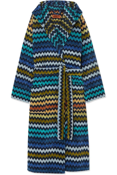 Missoni Warner Chevron-striped Cotton-terry Hooded Dressing Gown In Blue