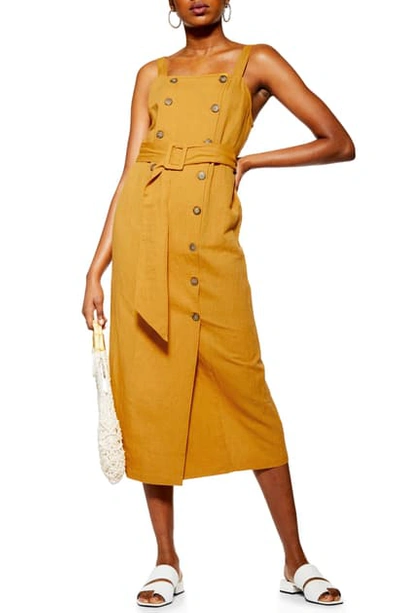 Topshop Belted Pinafore Midi Dress In Mustard