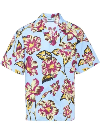 Prada Hibiscus Pattern Bowling Shirt In Blue