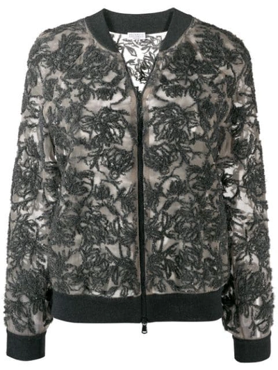 Brunello Cucinelli Sequin Floral Embroidered Silk Bomber Jacket In Walnut