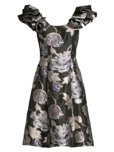 Aidan Mattox Off-the-shoulder Floral Jacquard Ruffle-sleeve Cocktail Dress In Aubergine