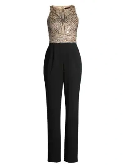 Aidan Mattox Beaded Bodice Sleeveless Jumpsuit With Crepe Trousers In Black/nude