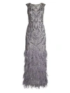AIDAN MATTOX Sequined & Feathered Tulle Column Gown