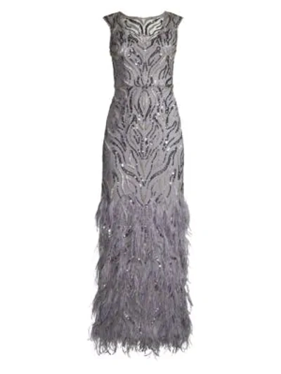 Aidan Mattox Beaded Cap-sleeve Column Gown With Feathers In Silver