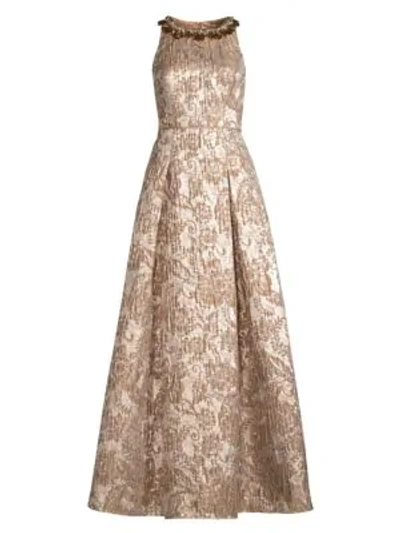 Aidan Mattox Embellished Jacquard Metallic Ball Gown In Champagne