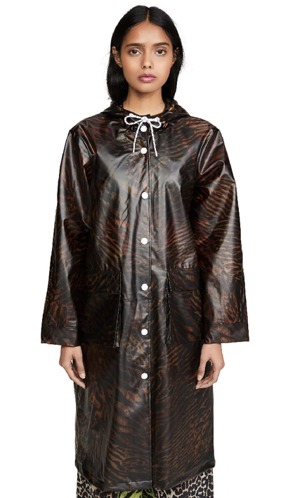Ganni Tiger Print Water Resistant Biodegradable Raincoat In Black,brown