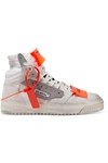 OFF-WHITE OFF COURT LOGO-EMBELLISHED DISTRESSED SUEDE, CANVAS AND LEATHER HIGH-TOP SNEAKERS