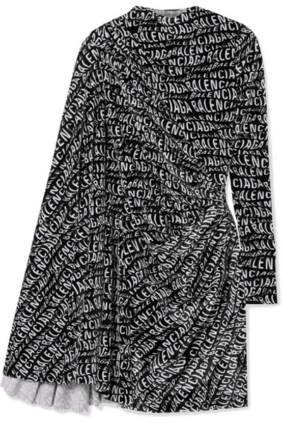 Balenciaga Asymmetric Dress With Allover Logo And Dolman Sleeve In Black