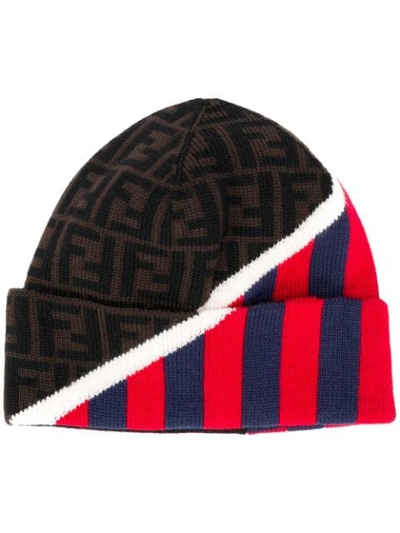 Fendi Ff Logo And Stripes Beanie In Blue,red,brown