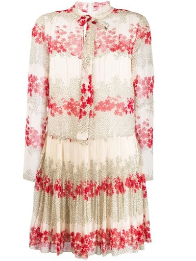 Red Valentino Dreaming Peony Print Tie-neck Long-sleeve Muslin Dress In Neutrals ,red