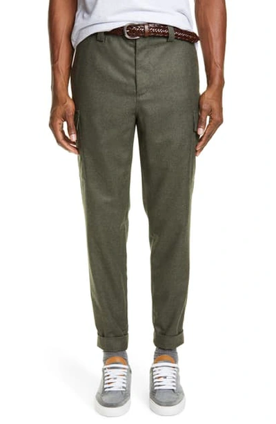 Brunello Cucinelli Leisure Fit Wool Flannel Cargo Pants In Army Green
