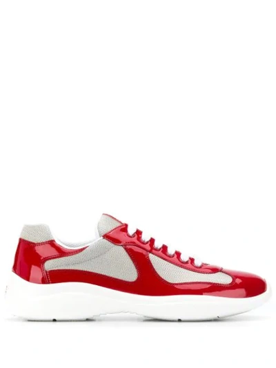 Prada Low Contrasting Panel Sneakers In Red Argento