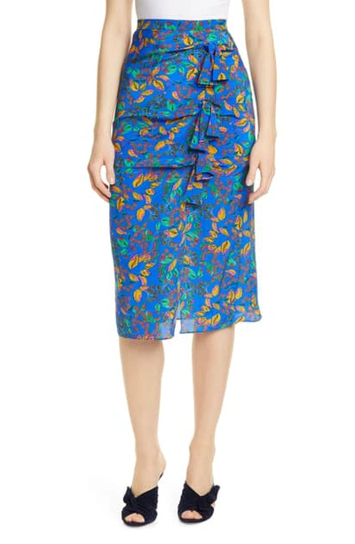 Saloni Kelly Floral Print Silk Skirt In Azure Berry Leaf