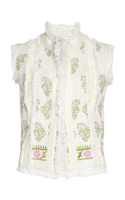 Giambattista Valli Floral-embroidered Fringed Cotton-blend Tweed Vest In White