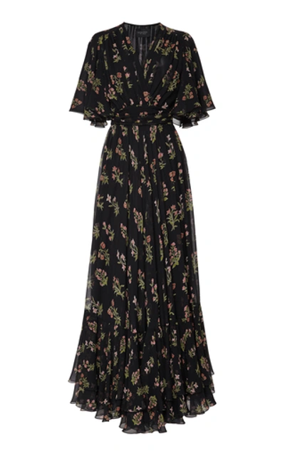 Giambattista Valli Gathered Floral-print Silk Maxi Dress In Black