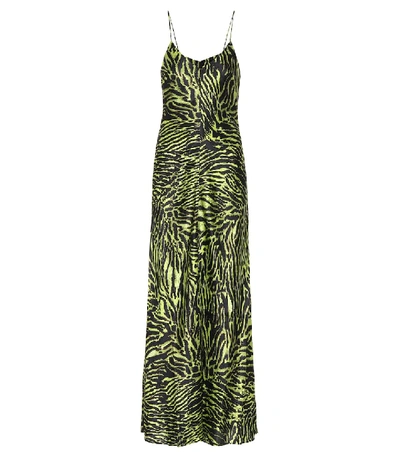 Ganni Tiger-print Stretch-silk Satin Maxi Dress In Green/black