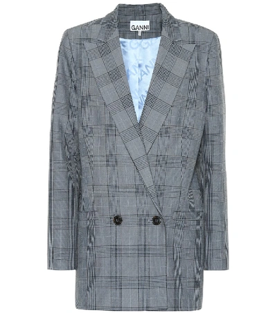 Ganni Double Breasted Plaid Suiting Blazer In Blue
