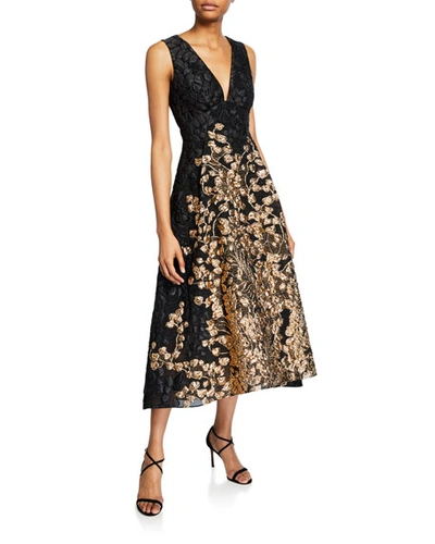 Lela Rose Two-tone Jacquard Midi Dress In Gold