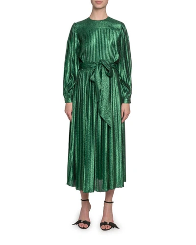 Marc Jacobs Pleated Lame Self-tie Midi Dress In Green