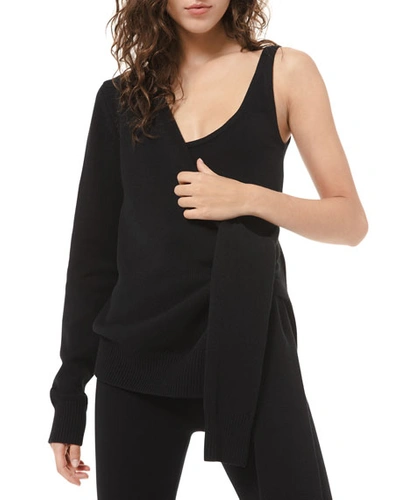 Michael Kors Cashmere One-shoulder Tie-sleeve Top In Black