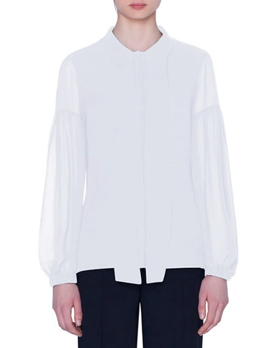 Akris Stretch Cotton Lantern-sleeve Tie-neck Blouse In Off White