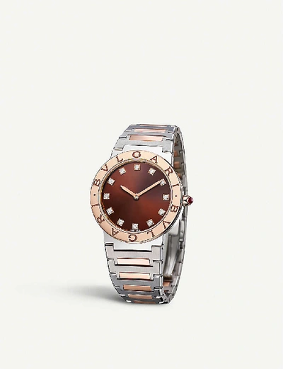 Bvlgari 102924   Stainless Steel, 18ct Rose-gold And Diamond Watch In Brown