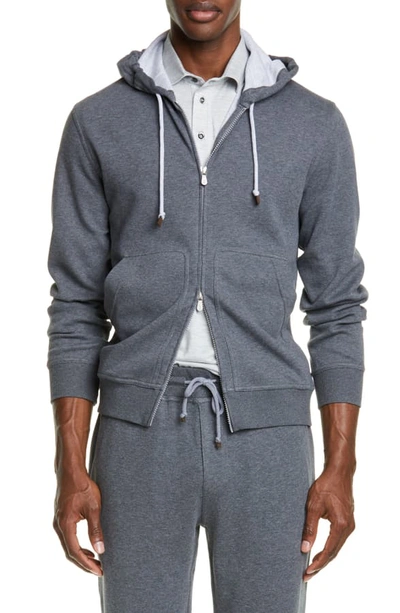 Brunello Cucinelli Leisure Hooded Cotton Blend Sweatshirt In Grey