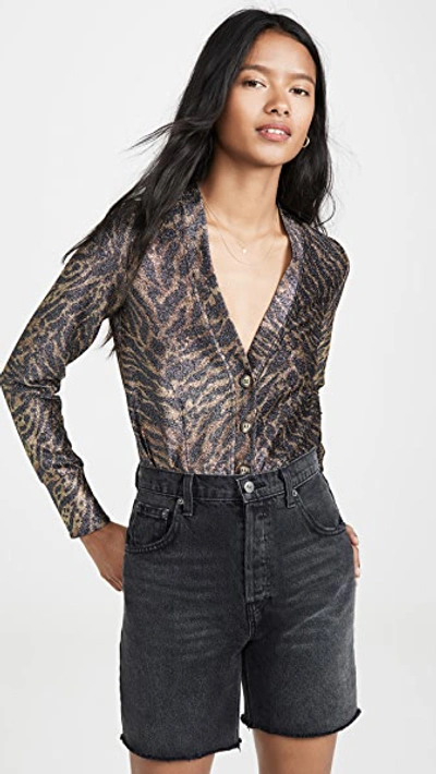 Ganni Metallic Tiger-print Knitted Cardigan In Gold,silver