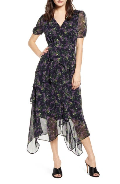 Astr Floral Print Handkerchief Hem Dress In Black/ Purple Floral